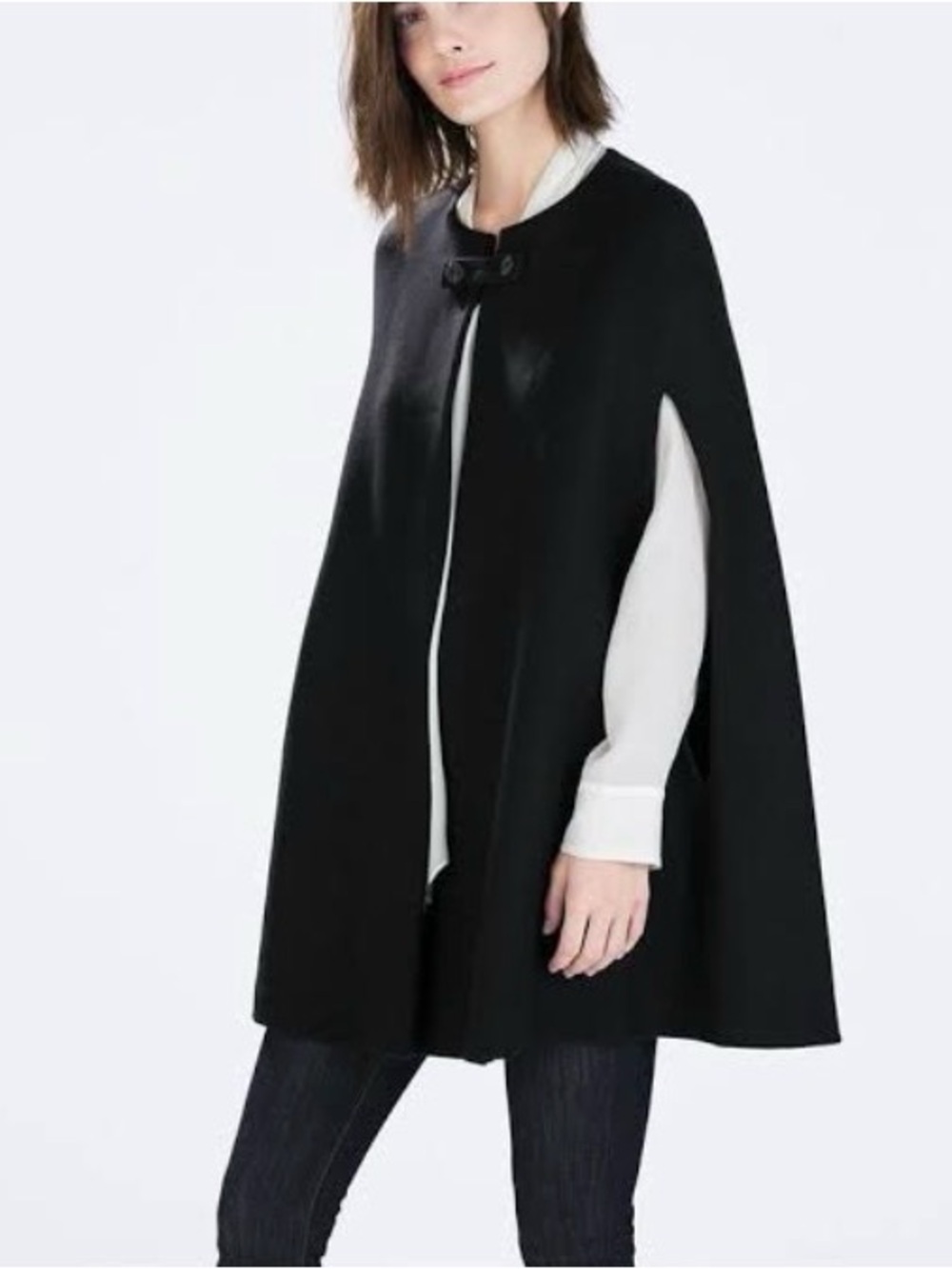 Zara Woman Black Wool Cape Mid-Length Button Closure Lined Made in Spain Medium